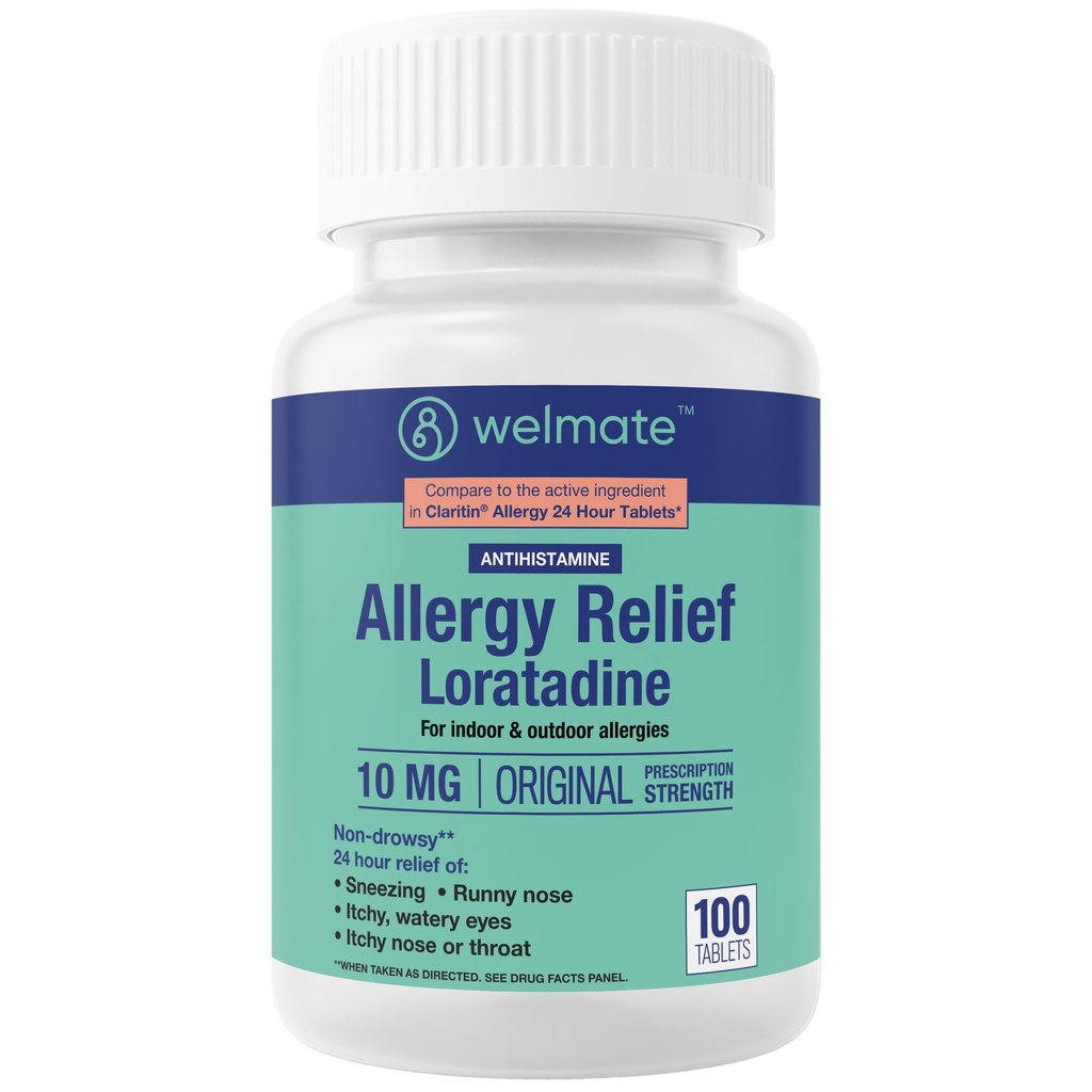WELMATE - 过敏救济 - Loratadine 10 mg - 24小时救济 抗西胺 - 非昏睡 - Runny Nose - 喷嚏 - 鼻喉痒 - 水眼 - 室内和室外过敏药 - 100个