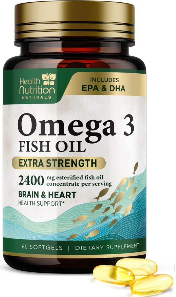 Omega 3 鱼油 2400 mg - 三重强度Omega-3 补充剂 - 天然脑心健康与免疫支持 - 脂肪酸与EPA & DHA - 野生捕获纯化鱼油补充剂 - 60 Softgels