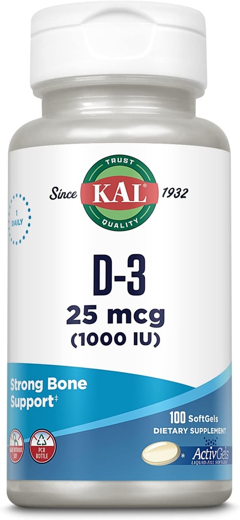 KAL 维生素D3 1000 IU 软胶(25 mcg),活性维生素D形态,钙吸收,骨质健康,免疫支持补充,液态填充活性胶,无大豆制造,百种服务,百种软胶