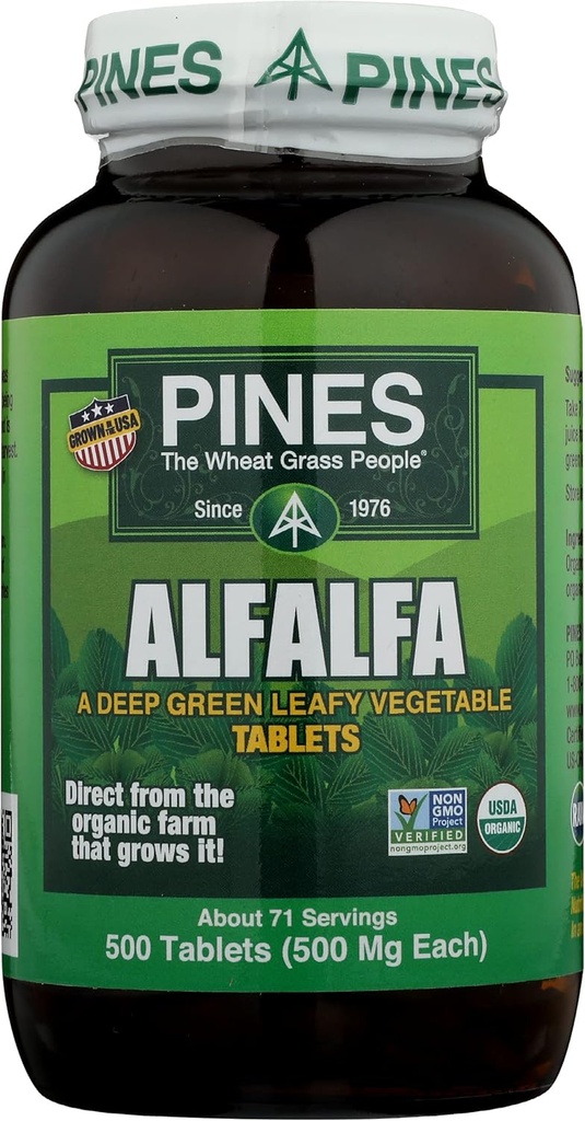 (原始内容存档于2018-09-26). Pines Alfalfa Tablets, The 原绿超食品,USDA Organization, Gluten Free & Non-GMO, 每张500mg, 500 Tablets.
