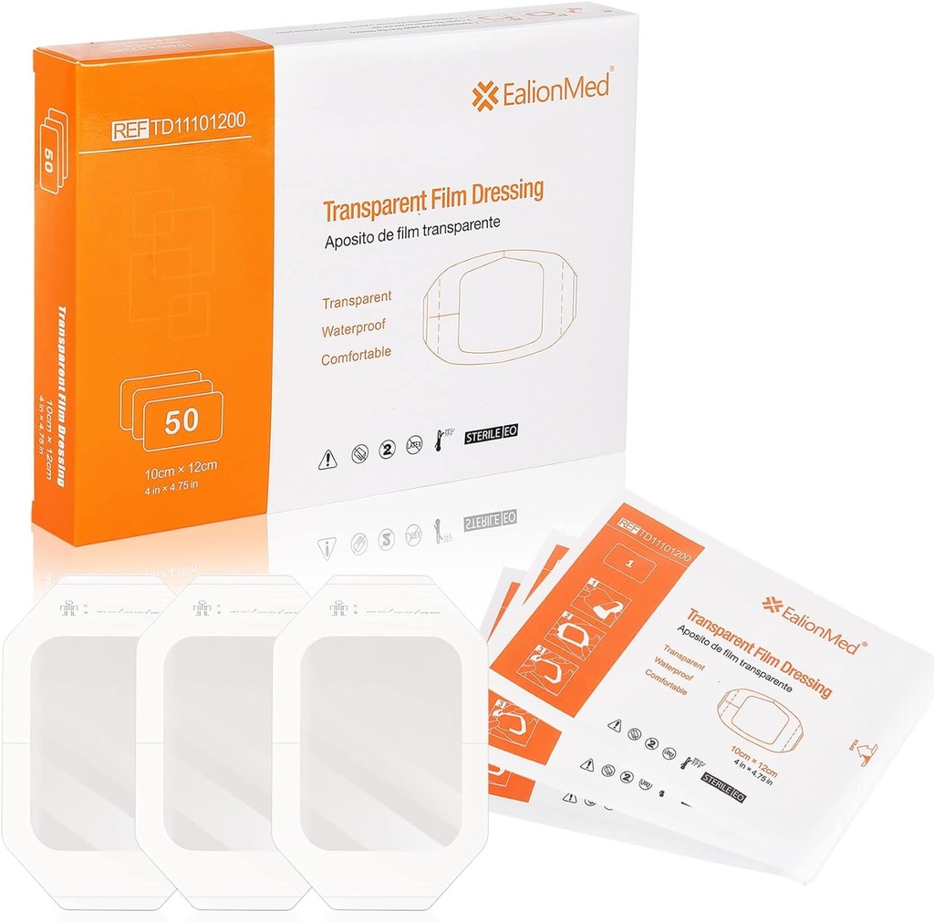 EalionMed 透明服装、伤痕带、粘贴补丁、4''x4.75'、50 Pack、Clear、Breathable、Comfortable、Shower Shield、Tattoo Bandage