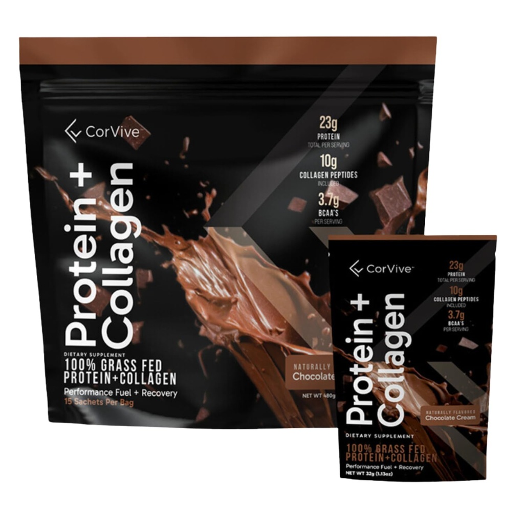 蛋白质 + Collagen 粉末 + 23g 蛋白质(Grass-Fed Whey + Collagen) → 3.7g BCAAs → 支持肌肉与联合健康 → Gluten & Soy Free → 无人工食品 → 15 Sachets - 巧克力