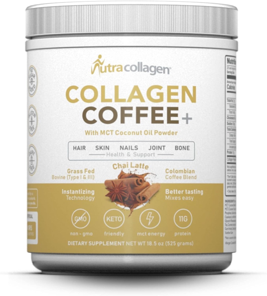 NUTRACOLLAGEN 蛋白质粉末与哥伦比亚椒咖啡结合;草油、非转基因、12g Peptides、MCT椰子油粉、大豆、无糖、40mg Caff/Srving;Chai Latte 25 Srvg