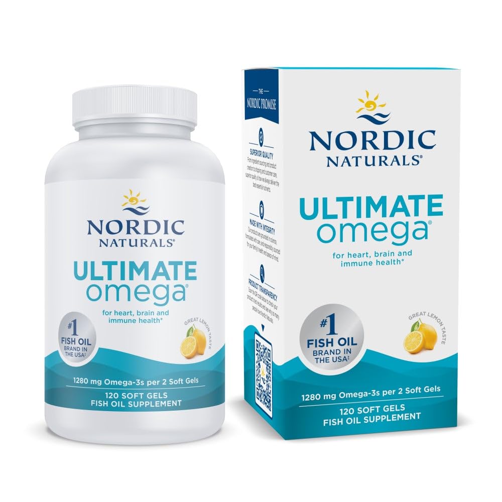 北欧自然公司 Ultimate Omega, Lemon Flavor - 120 Soft Gels - 1280 mg Omega-3 - 配有EPA & DHA的高性能鱼油补充剂 - 促进大脑和心脏健康 - 非GMO - 60 服务