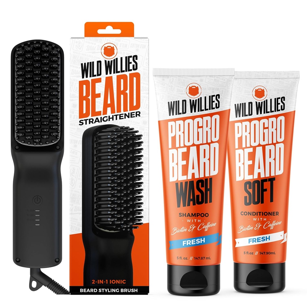 Wild Willis Beard Grooming Kit - 男子胡子直径器,PROGRO - 强化Biotin & Cafeine用于头发生长,洗涤,水分 - Ionic 2 - in - 1 Heated Comb Brush,美国制造