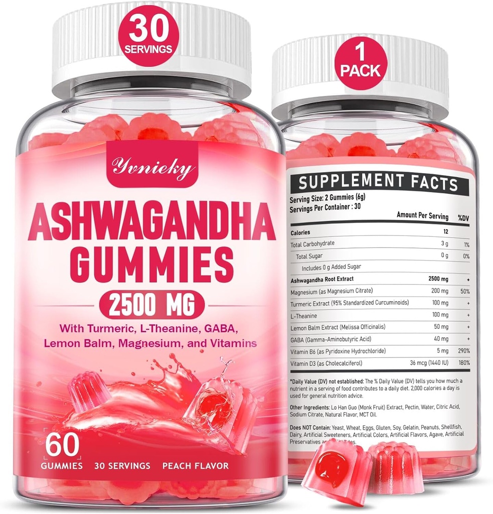 Ashwagandha Gummys for Men & Men: Ashwagandha Supplement Gummy Extra strong with Turmeric, Vitamin D3, L- Theanine, Magnesium - 填充 Gummys, 草莓火焰, Vegan, 非GMO