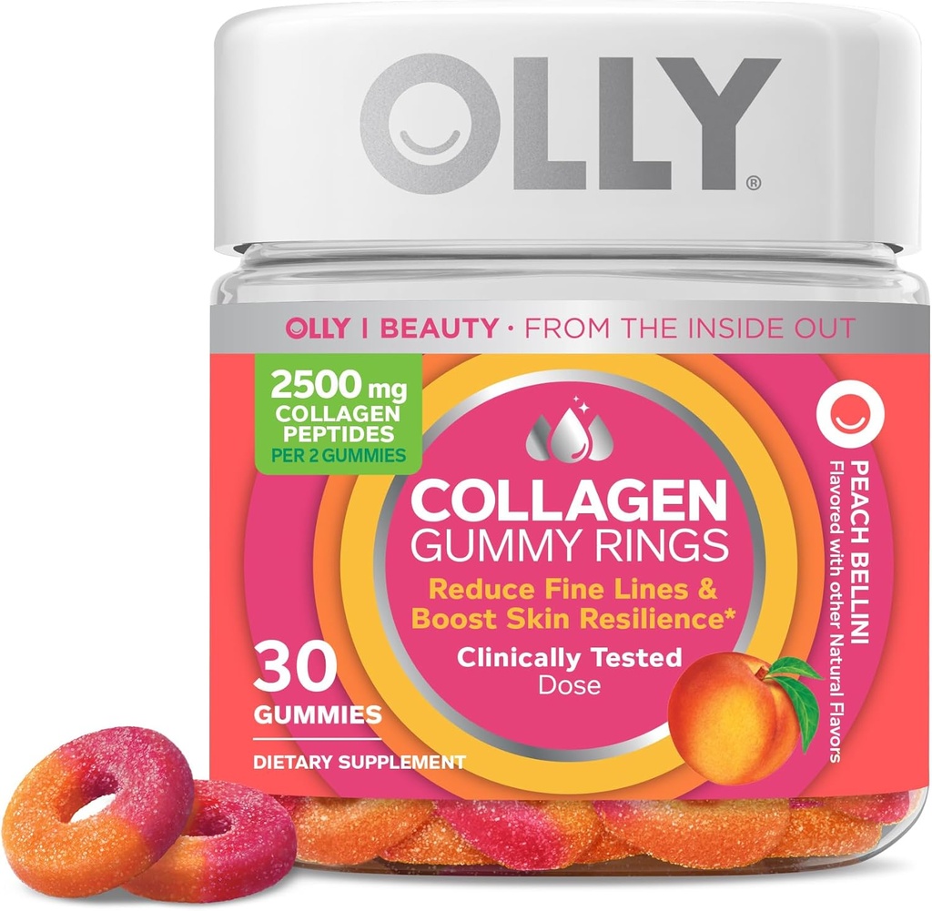 OLLY Collagen Gummy Rings, 支持皮肤弹性和坚固性, 2.5g Collagen, 临床试验, 桃子, 15日供应 - 30个计数