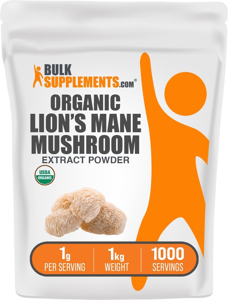 bulk Assupports.com 有机狮的马恩蘑菇提取剂 粉末 - 狮子马恩补充剂 惠生的超级食品 - Vegan,每服1克,1kg(2.2磅)(一包)