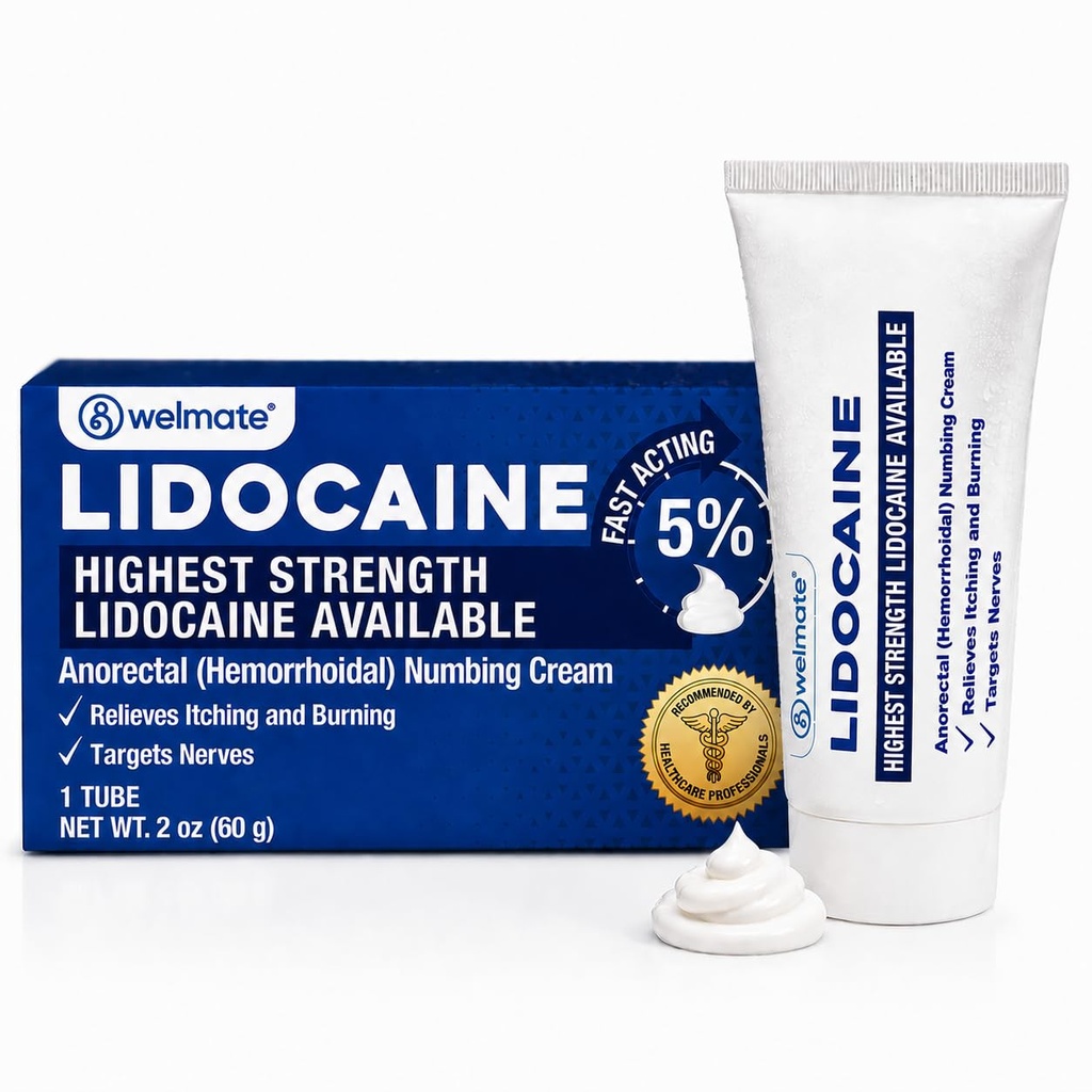 WELMATE - 5% Lidocaine Numbing Cream, 2oz(60g) - 最大强度 Lidocaine Cream - 血红素救济 - 外部使用麻醉剂,维生素E - 儿童耐力 - 专题皮肤护理