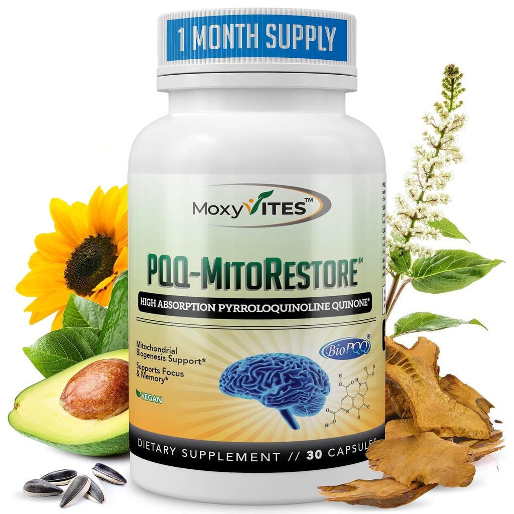 PQQ MITRESTORE 记忆和焦点大脑补充品 - Mitochondria 补充品 BioPQQ 20mg - 纯净形式 NOT化学合成,认知和心脏支持 - 30 Vegan Capsules, 非转基因