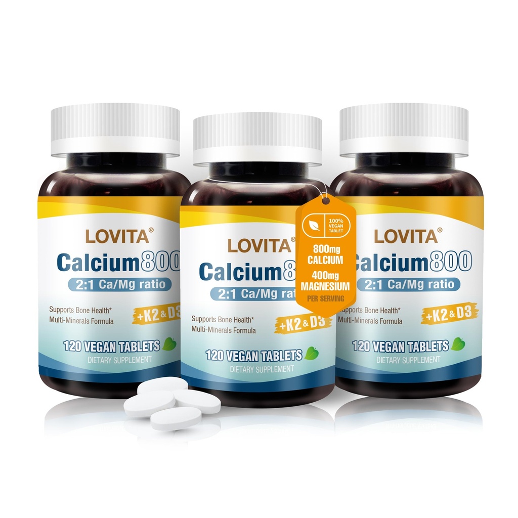 Lovita Calcium 800 mg配有镁、维生素D3和K2、骨强和密度补充女性和男性、支持牙齿、免疫健康、Gluten Free、N-GMO、360 Vegan药片