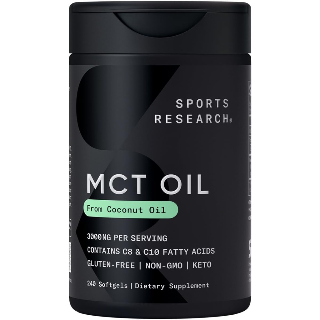 体育研究 Keto MCT 来自椰子油的油药 QQ Keto 燃料用于大脑和身体 - 非GMO 验证,Soy & Gluten 免费液体软胶(240个计数)