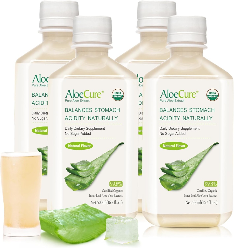 AloeCure USDA 有机Aloe Vera Juice 12 Hrs of Harvest - 纯Aloe Juice 天然消化剂补充 支持消化、免疫系统和平衡胃酸,4 x 500毫升瓶