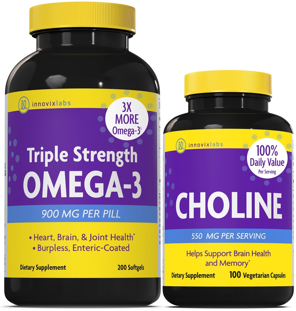 InnovixLabs Choline & Triple Omega-3 Bundle Choline Bitartrate 550mg (100 Capsules) 三强Omega (200 Softgel). 支持记忆,摩德,脑健康与增强认知. *