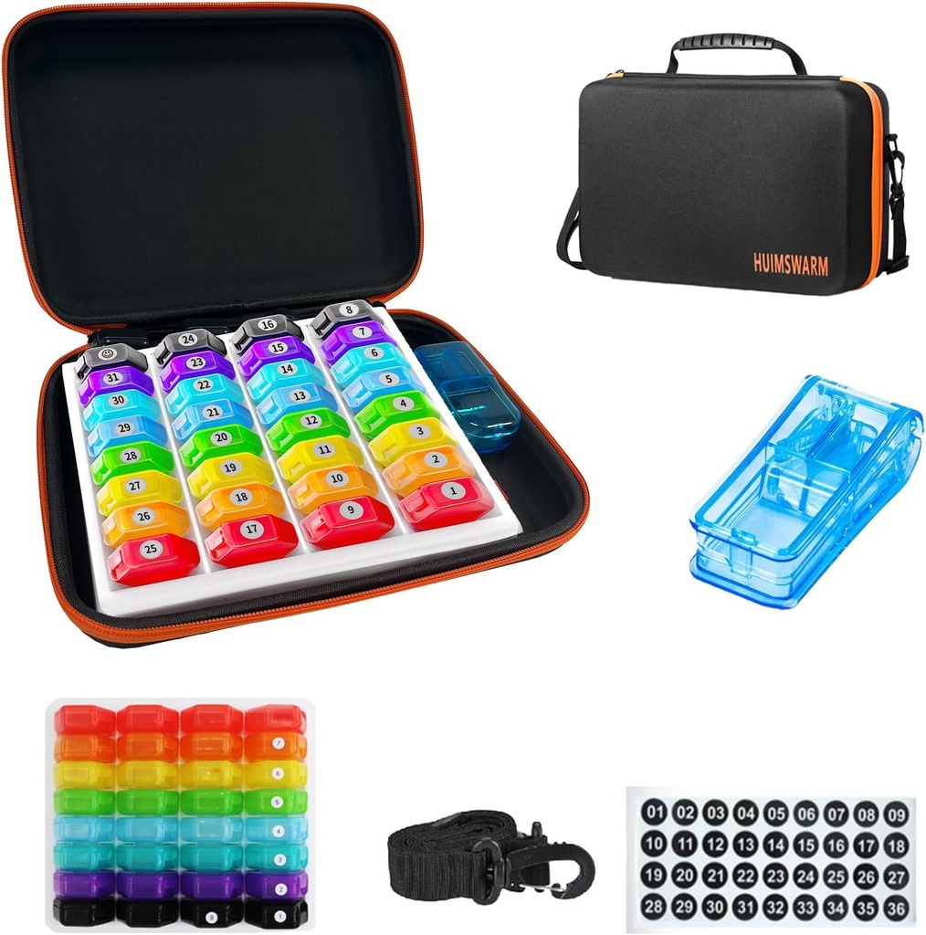 药丸组织者月刊 1 Time A Day, Pill Organization者月刊 1 Time A Day 与 32 Daily Competments&1 Pill Cutter&1Travel case&1UWELLER Straps&2PCS 31日粘贴. 舒适的手,无BPA。