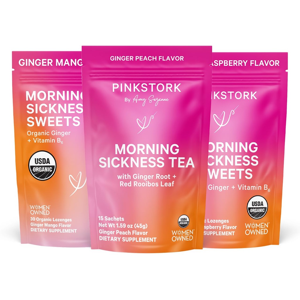 Pink Stork Morning疾病救济套 — 3-Piece Bundle配有有机姜汁桃茶,B6甜点,Ginger Lozenges — 怀孕支助,初三基本知识,孕妇礼物