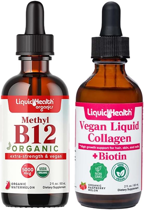 LIQUIDHEALTH 有机甲基B12 5000mcg 维生素滴入与塔特樱桃汁和100%维冈植物基Collagen+生物素滴-天然能源促进剂,改善焦点,头发和钉子生长,皮肤健康