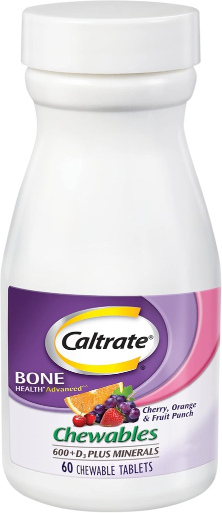 Caltrat Chewables 600 + D3 + 矿物 维生素D 钙补充剂,樱桃,橘子和水果冲 - 60个计数