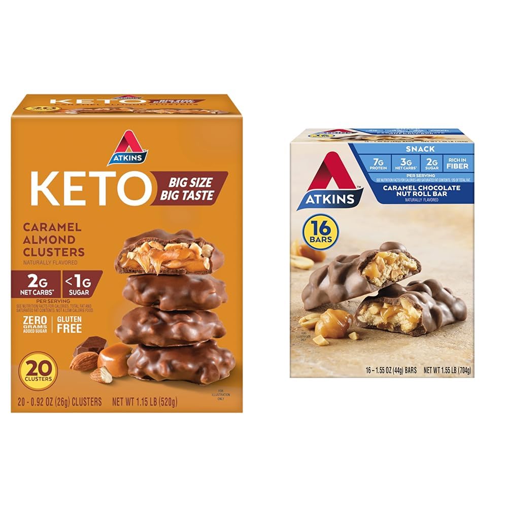Atkins Caramel 杏仁集團, Gluten Free, 高纤维, 1g 糖, 2g Net Carb, Keto Friendly, 20 Count & Caramel 巧克力 巧克力 果汁卷卷饼吧, 蛋白质卷饼, 高纤维, 2g 糖, 16 count