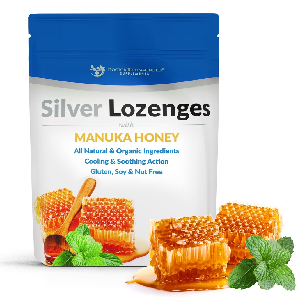 含有机马努卡蜂蜜和维生素C的Lozenges银 -- -- 全天然纳米银 -- -- 45-50mcg,60 PPM共聚银矿物滴,以支持免疫系统,Soothe,Cool Cough & Throat,24-Lozenges