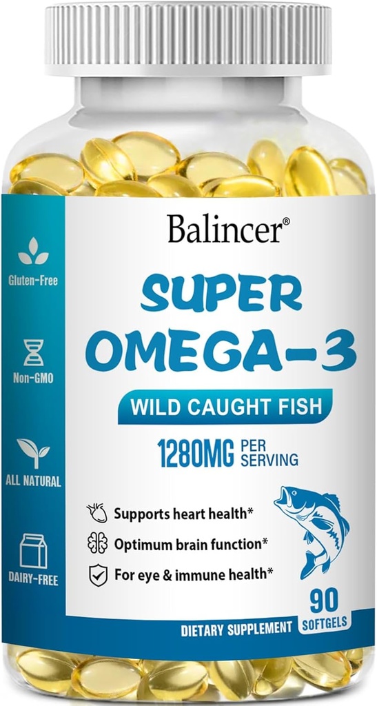 Omega 3 鱼油补充剂,1280 mg Omega-3 脂肪酸,包括美国环保局和DHA,Wild-Caught Burpless鱼油补充剂支持心,脑和眼健康,90 软胶
