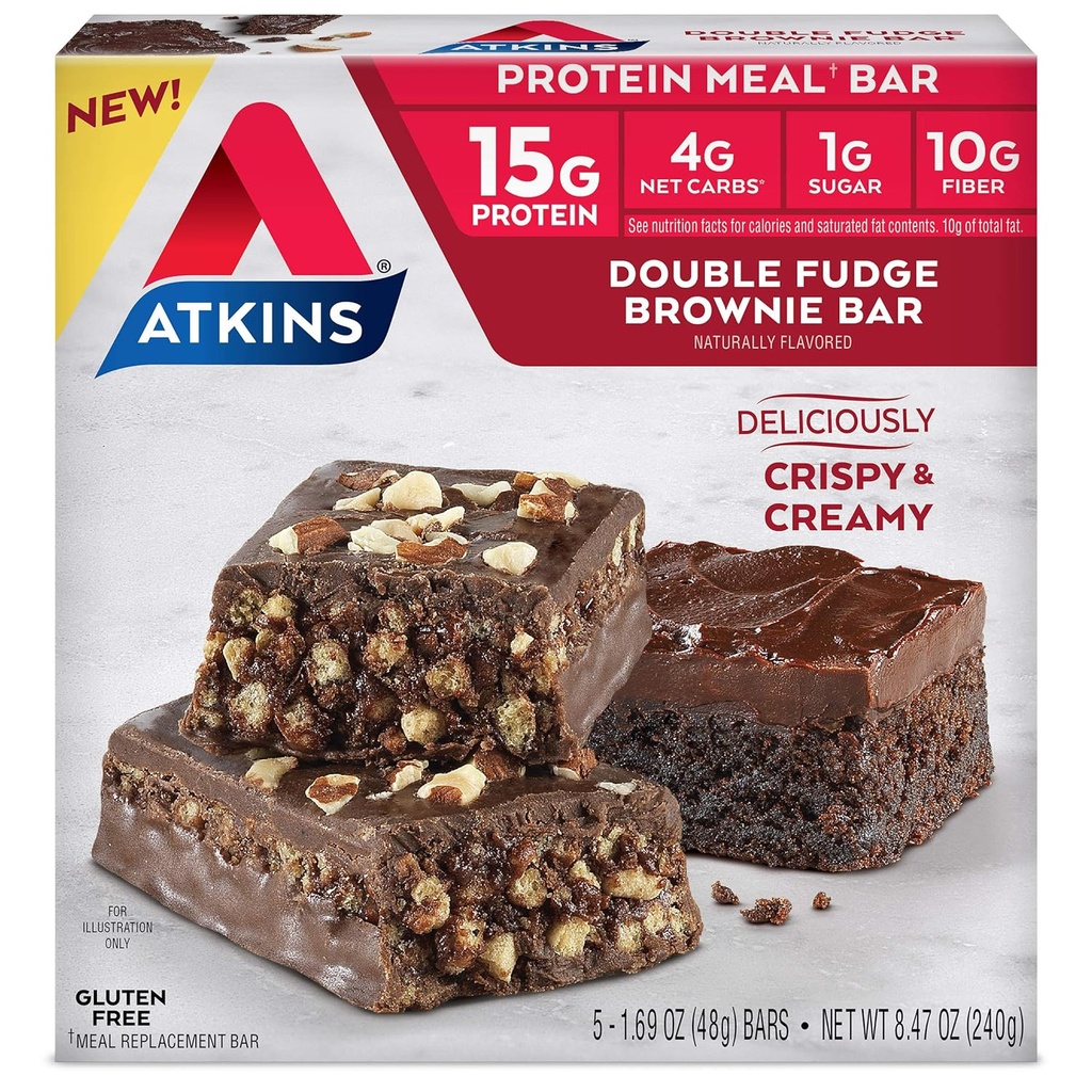Atkins Double Fudge Brownie 蛋白质肉条、高纤维、15g蛋白质、1g 糖、4g Net Carb、换料、Keto友好