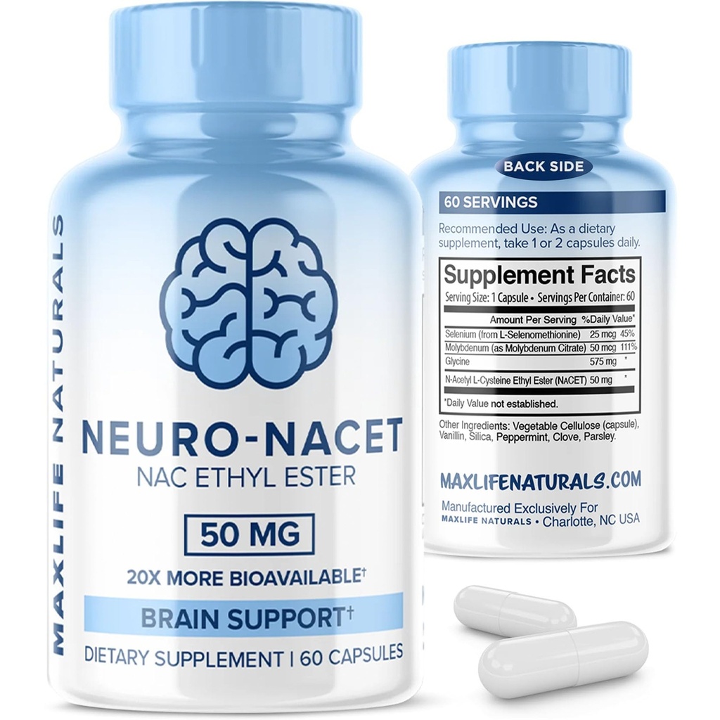 MaxLife Naturals NACET N-乙酰L-Cysteine – 60 Capsules, 20x More Biocopulate Glycine NAC 补充 N-乙酰Cysteine Ethyl Ester 与硒, 10x Glutathione 双环脑和肺支持
