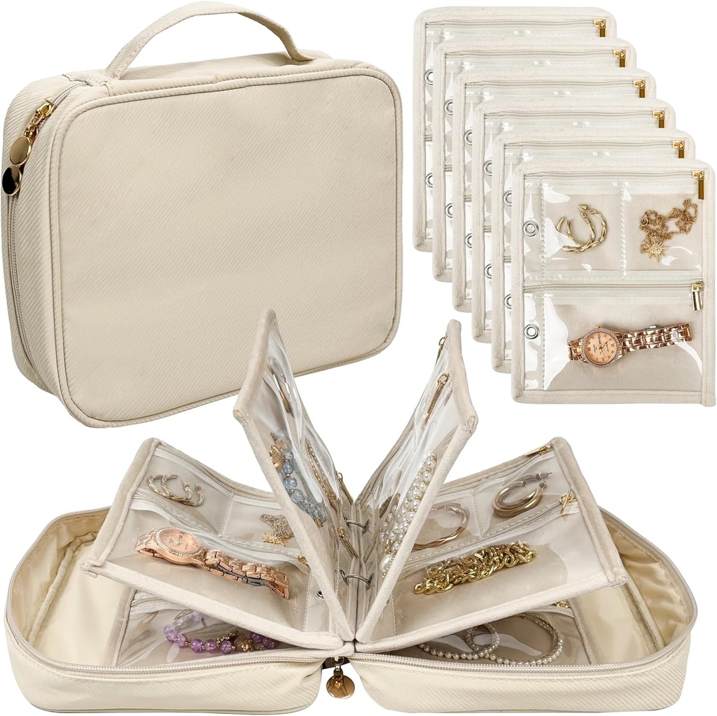 旅行珠宝组织者案,Jewelry Bags 珠宝存储簿 Binder 带有Clear Zipper Velvet 邮袋用于旅行,Earrings, Rings, Necklace, Bracelet(白色)