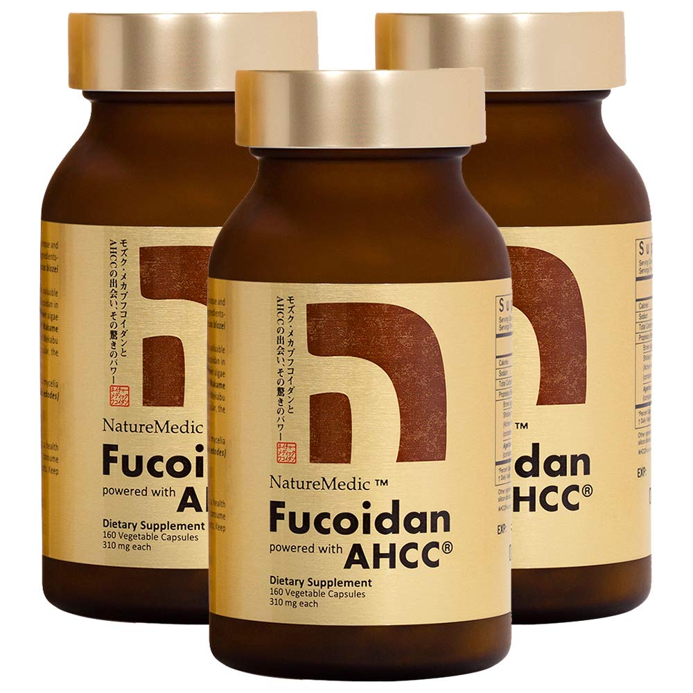 Fucoidan 配有AHCC → 棕海藻豁免补编,配有高纯度有机体 Mekabu Mozuku Agaricus 3瓶 - 日本制造的480个蔬菜盖