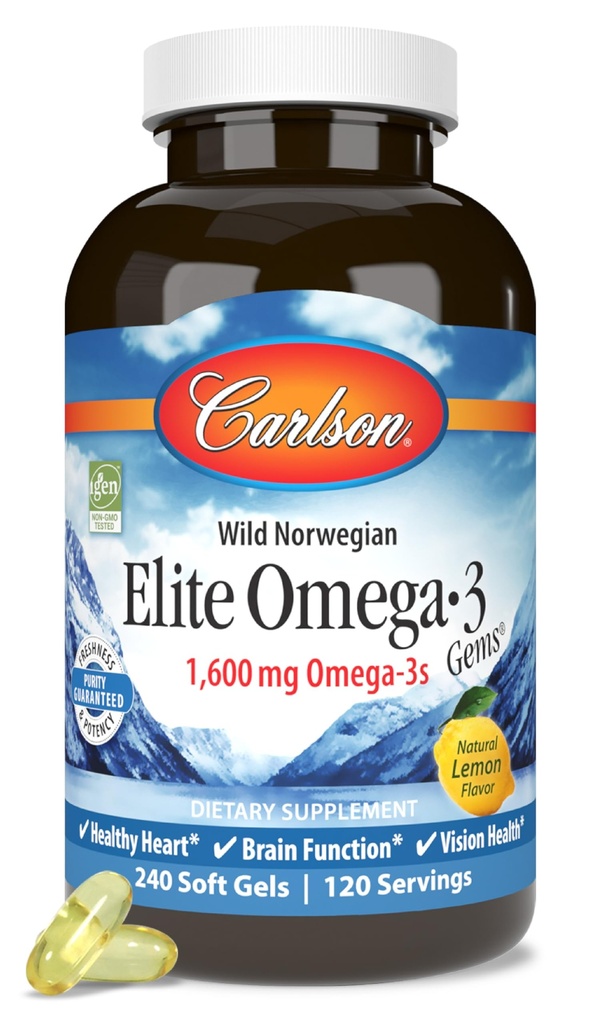 Carlson Elite Omega-3 Gems, 1600 mg Omega-3 with EPA & DHA, Lemon Flavor, 240 Softgels – Wild-Caught 挪威鱼油,可持续来源