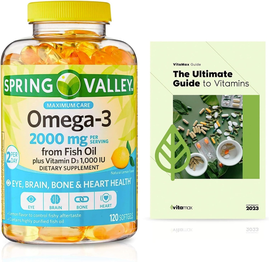 鱼油2000毫克的春谷Omega-3,最大注意量,120个计数+独家维生素指南(2个项目)