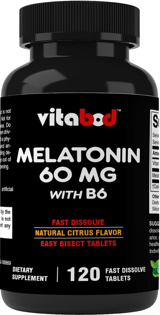 Melatonin 60 mg 配有维生素B6 – 120 快速溶解片 Extra-Strength睡眠支持 – 无药 – 天然 Citrus Flavor – 蔬菜, Non-GMO, Gluten-Free