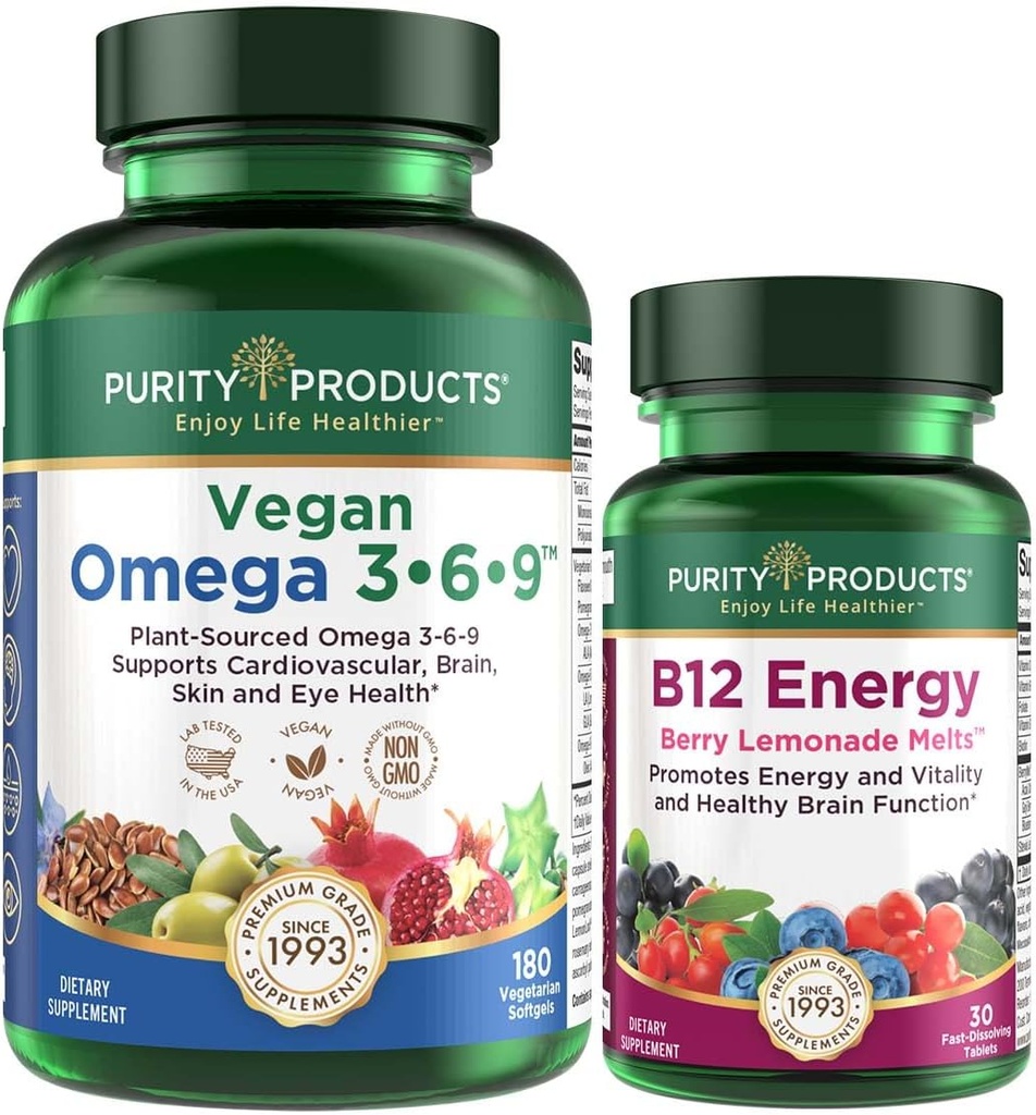 纯度产品包-Vegan Omega 3-6-9(180厘米) + B-12 能量熔化 Omega 3-6-9(“5 in 1”) 植物基 Omega 3 6 9 基本脂肪酸-B12 Berry熔化(Methylcobalamin B12 + B6 + D3 + 更多)