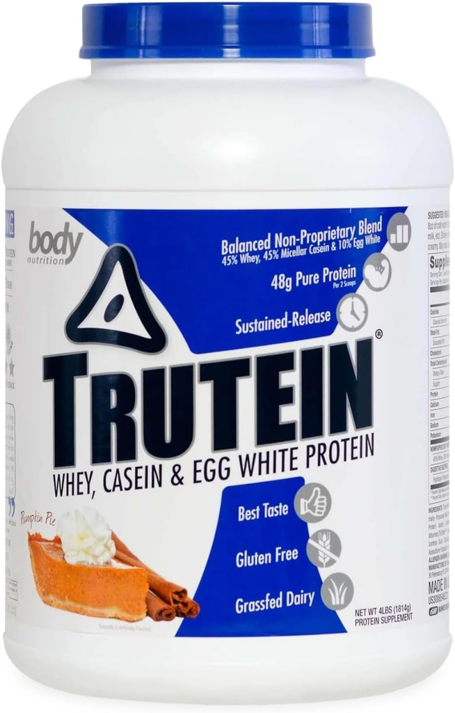 体营养 特鲁特因高蛋白粉:45% Whey,45% Casein,10% Egg White,无葡萄糖,低钠,草药 Whey蛋白粉,Gym补充和早餐摇摆,南瓜派,4lb