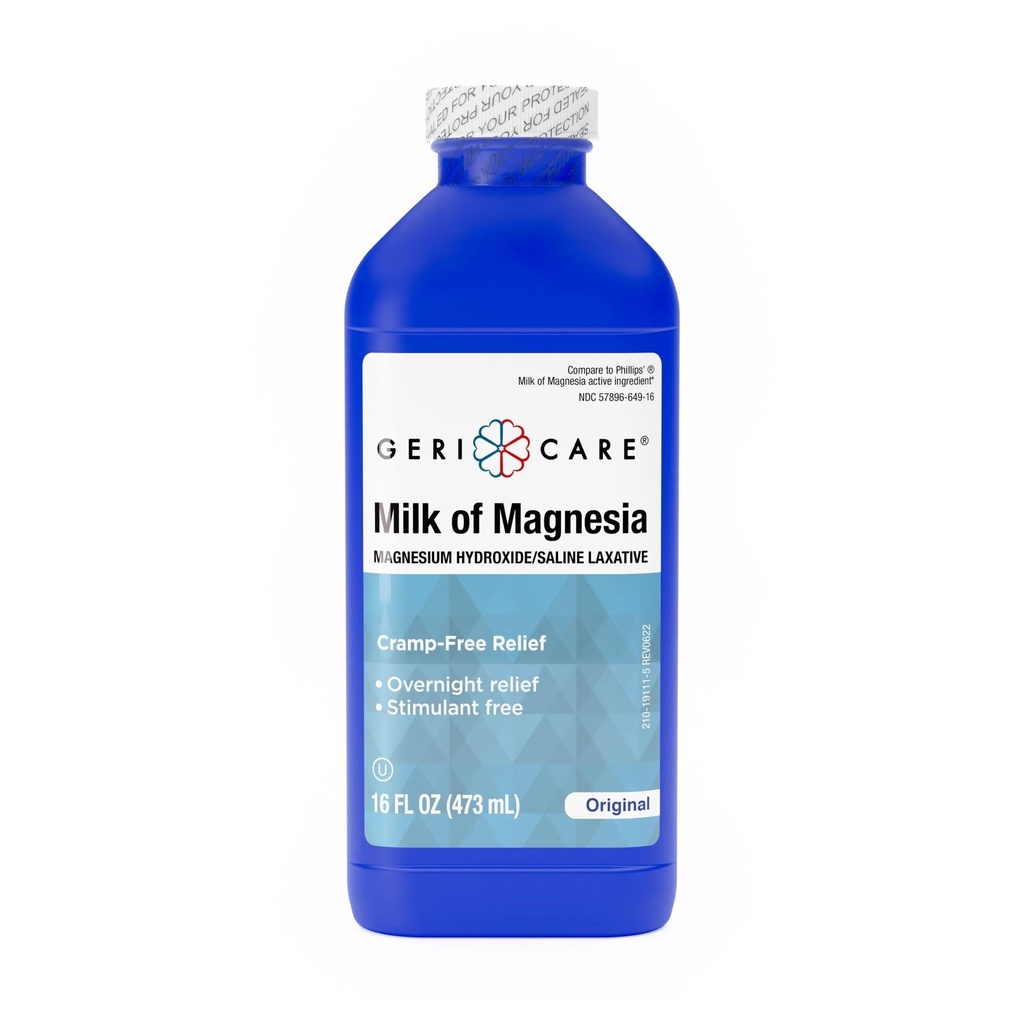 GeriCare Milk of Magnesia, Mgnesium Hydroxide 1200mg → Fast Overnight Contipation Relief → Cramp-Free Saline Laxative & Stool 软化剂 → Antacid for Heartburn & Indicovery → 原始 Flavor → 16 Fl Oz