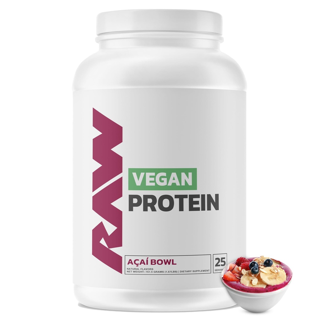 RAW Vegan蛋白粉,Acai Bowl - 20g 植物蛋白粉和加固维生素促进肌肉生长和恢复 - 低脂肪,低碳,天然裂纹和甜化 - 25种服务