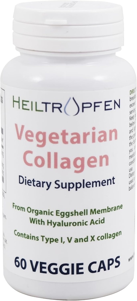 Hyltropfen Collagen Vegetarian capes 来源于有机蛋壳膜 → 第1,5和10型Collagen → 与 Hyaluronic Acid → 60 Capsules → 饮食补充