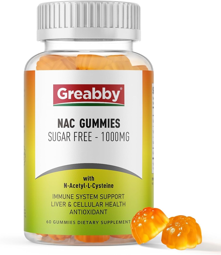 NAC Gummys无糖,N乙酰Cysteine NAC补充1000mg用于抗氧化剂,肺和肝健康,免疫支持,Vegen Orange Flavor,60ct