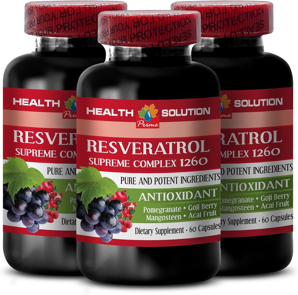 放大你的自然结构 - RESVERATROL SUPREME COMPLEX - 与Goji Berry, Acai, Noni, Pomegrant, Mangosteen, 超级水果混合剂, 抗氧化剂, 免疫支持, 3瓶180盖