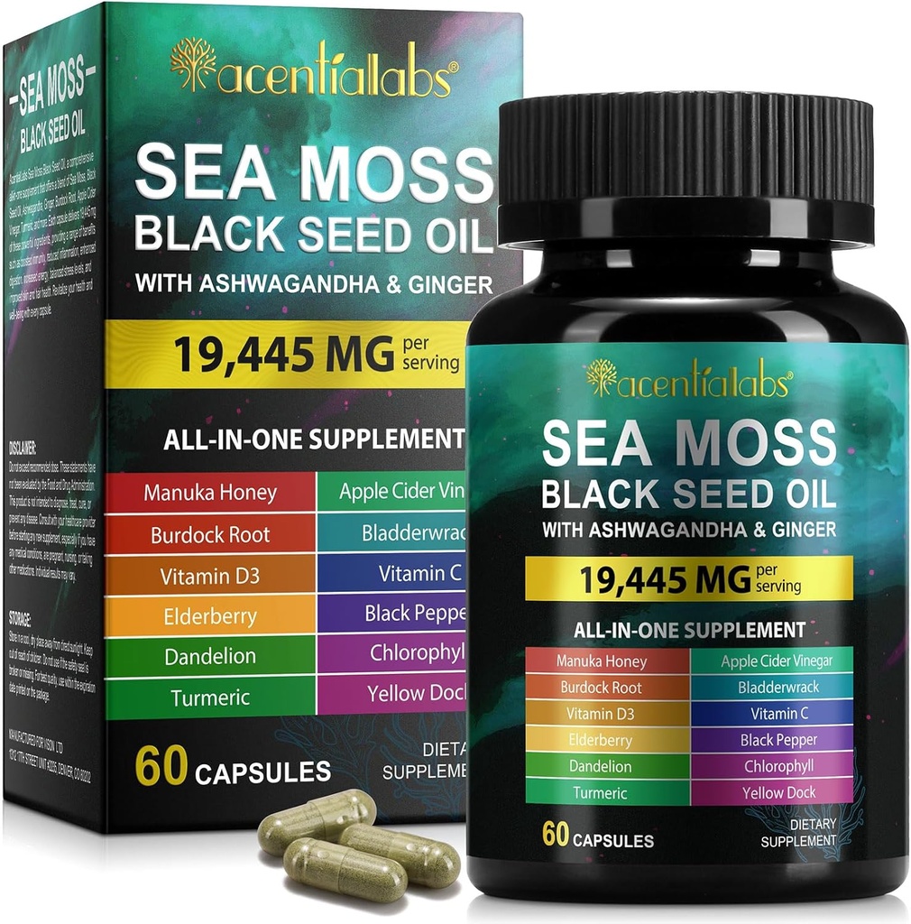Sea Moss 黑种子油胶囊,Ashwagandha 姜胶囊,含维生素C D3,多种混合营养补充剂,用于豁免、消化、能源、皮肤和头发,黑种子油胶囊,60P