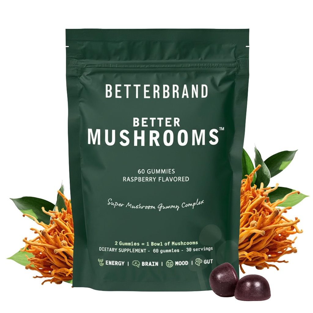 Betterbrand BetterMushrooms Nootropic Gummys - 支持更好的Gut健康,认知功能,有10个功能的Mushrooms的心灵清晰度 - 60 Gummys - Raspberry Flavor - Pack of 1