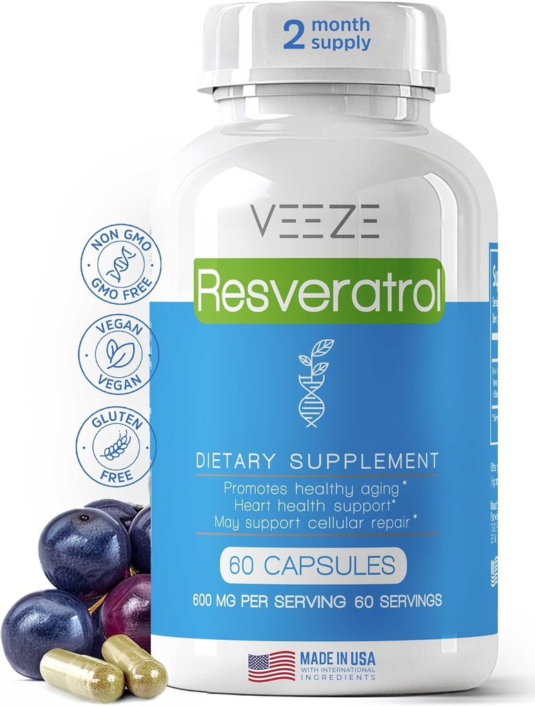 VEEZE Resveratrol 补充600mg 60 Capsules 和 60 services - 在美国制造的天然和有机Resveratrol - 富含抗氧化剂和转Resveratrol 用于健康支持 - Premium 有机Resveratrol