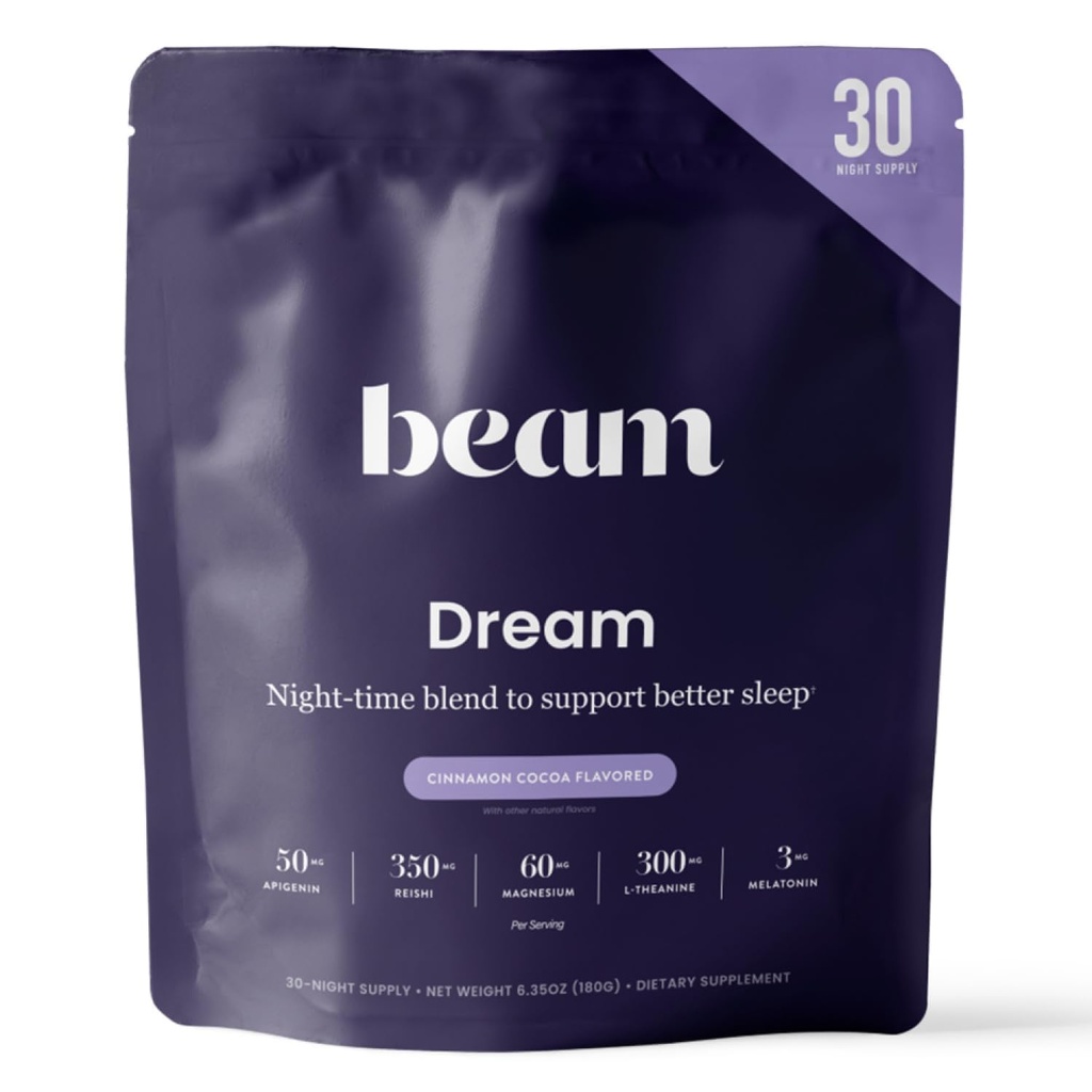 Beam Dream Sleep Powder, L-Theanine, Apigenin, Reishi和Magnesium, 第三方测试了《自然睡眠援助》和《深睡、放松和恢复补充》,《自然睡眠支助》,30种服务