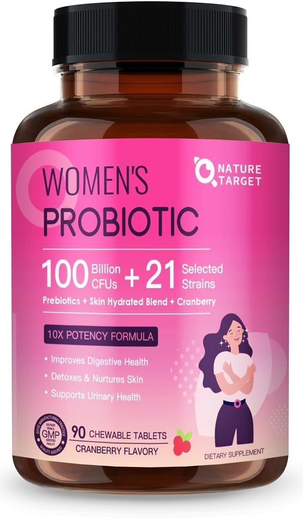 NATURE TARGET 妇女消化保健的良性药物,有100亿个食品单位,妇女为Gut健康与免疫支助的良性药物,皮肤护理,有Cranberry & D-mannose,90个可烹调药片(45天供应)
