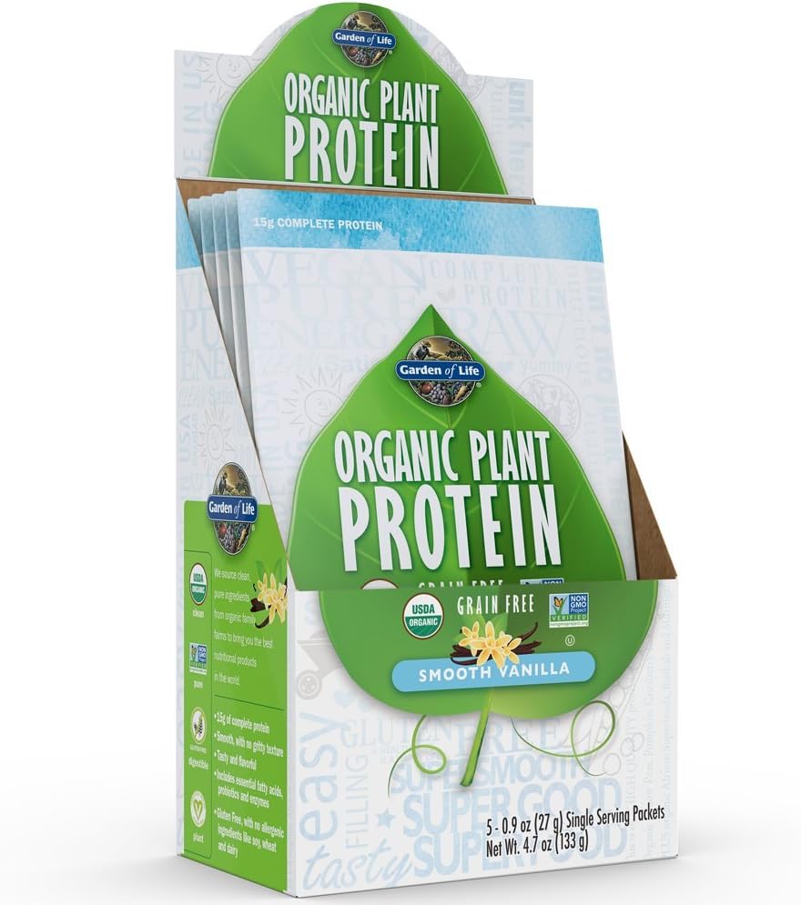 生命植物园 蛋白质平滑香草粉 - 单服务包(5-Pack) - Vegan, Grain Free & Gluten Free Planet 基质蛋白 与1B CPU Probiotics & Ezymes, 15g蛋白摇摆