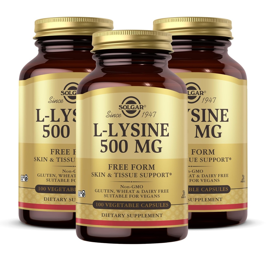 Solgar L-Lysine 500 mg - 100 蔬菜胶囊,包装3 - 皮肤和组织支持 - 非GMO、Vegan、Kosher、Gluten Free - 300 总服务