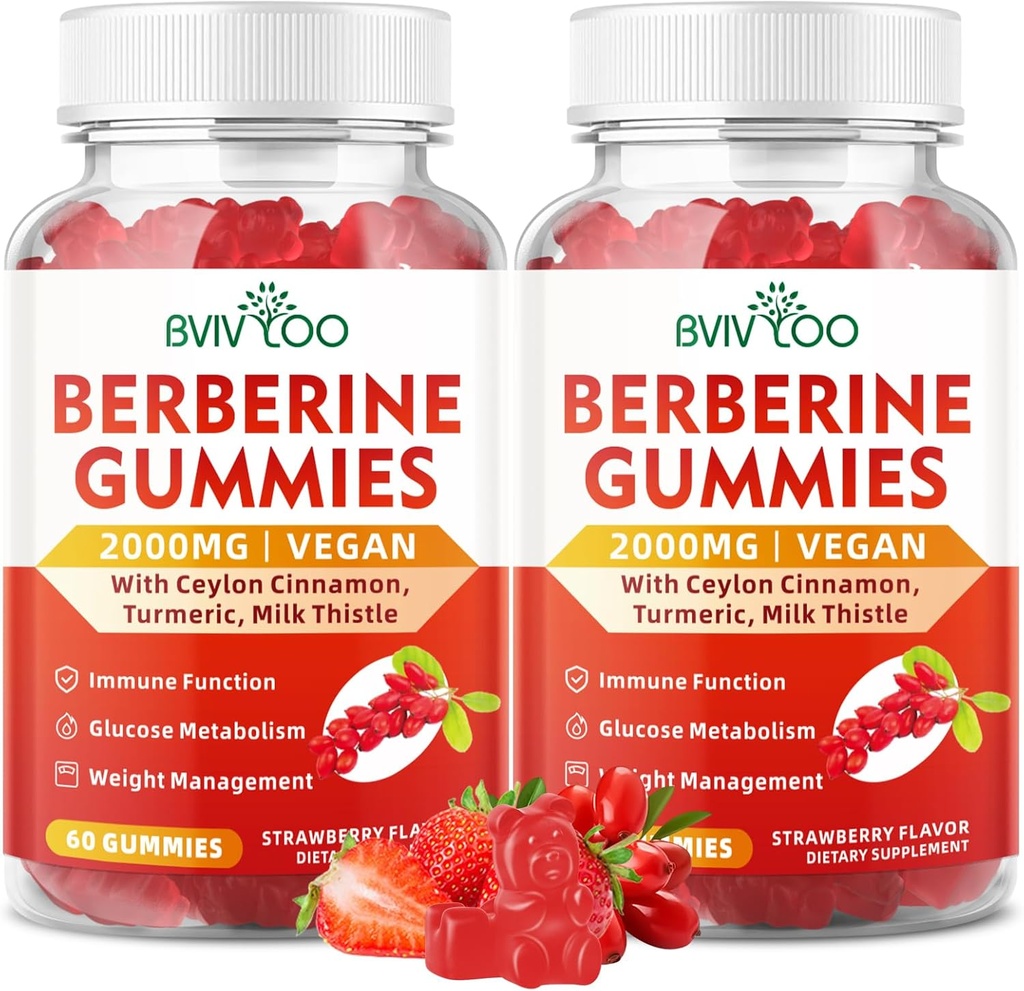 2 Packs Berberine Gummys,Sugar Free 2000mg High Potency Berberine HCI 补编,加锡兰肉桂,Milk Tetle for Women & Men, Imune System and代谢支持 - 120 Gummys