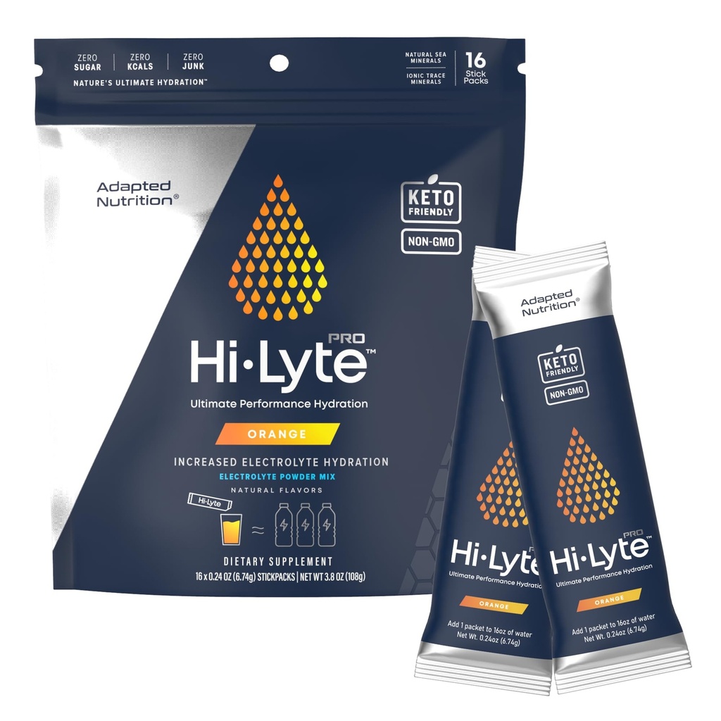 适应营养Hi-Lyte Pro水分包 - 16个个人饮料包 - 橙色 - 火焰电解质 - 无糖,零碳,零卡路里