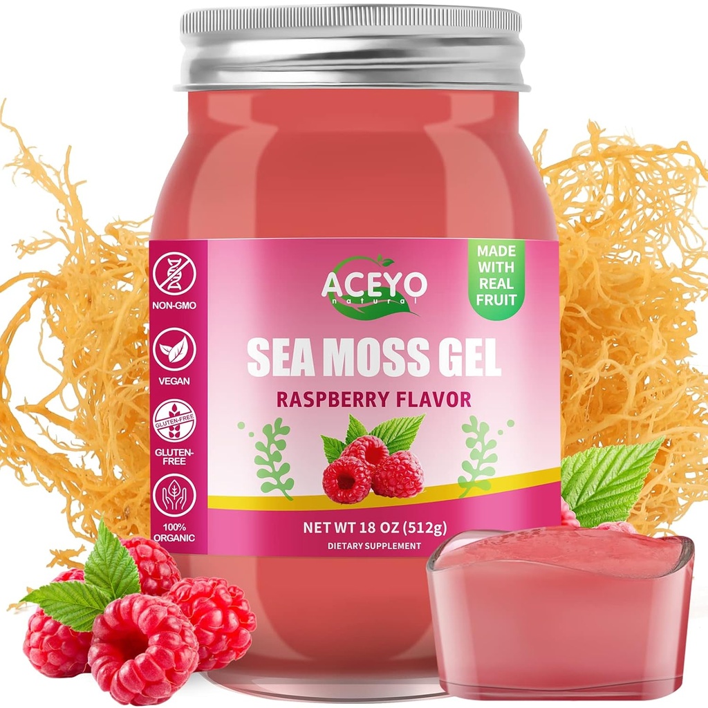 ACEYO(18 OZ) 爱尔兰海 Moss Gel 有机 Raw Vegan Raspberry Flavor 102 维生素和矿物野生收获 非GMO Immune Defense Booster 甲状腺素消化支持