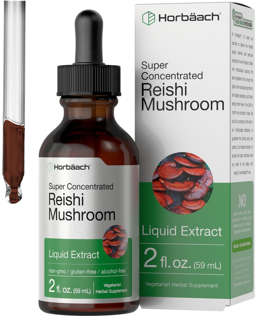 Horbäach Reishi 蘑菇提取器 Tincture → 2 Fl Oz → Liquid Drops → Ganoderma Lucidum → Vegetarian, 无酒精 → Non-GMO, Gluten 免费补充